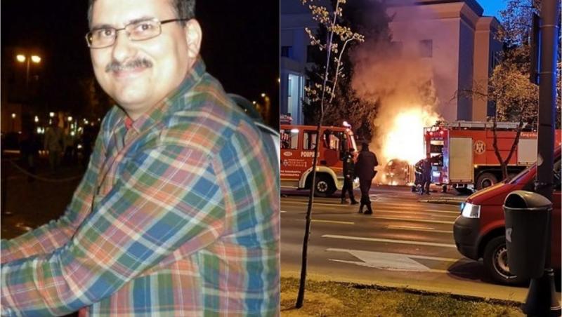 colaj de fotografii cu bogdan draghici in camsa in carouri, si masina incendiata in fata ambasadei rusiei din bucuresti