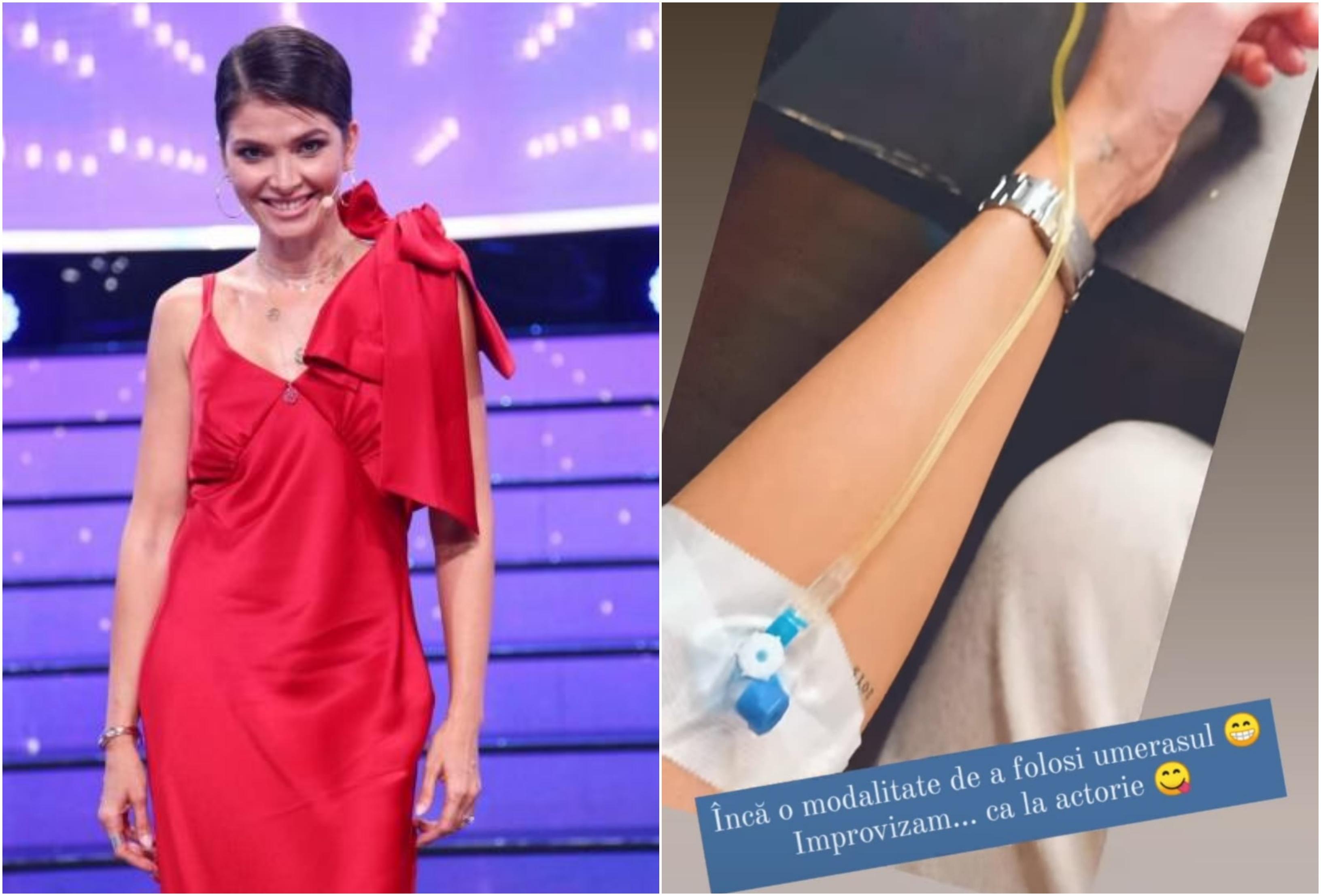 colag foto cu Alina Pușcaș într-o rochie roșie și o imagine cu branula în mână