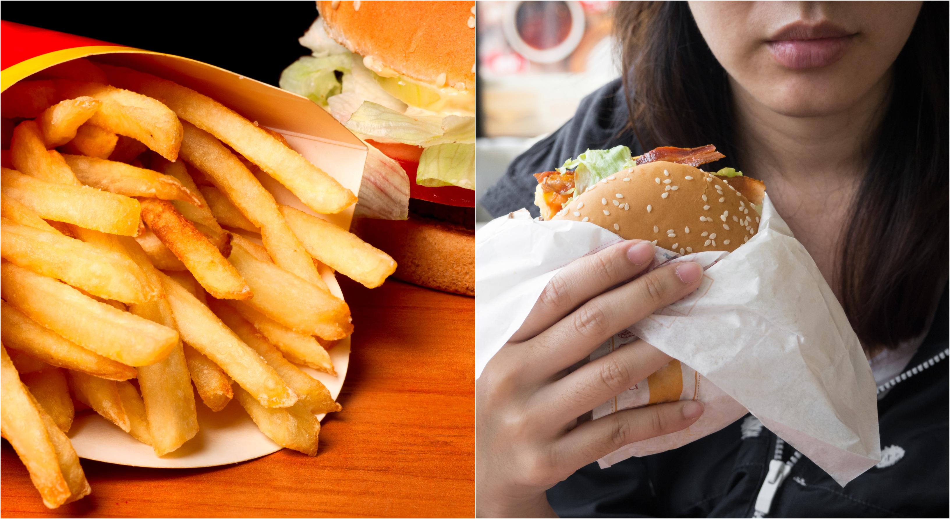 colaj de fotografii cu cartofi prajiti fast-food si perosna care testeaza produsele mancarea fast-food
