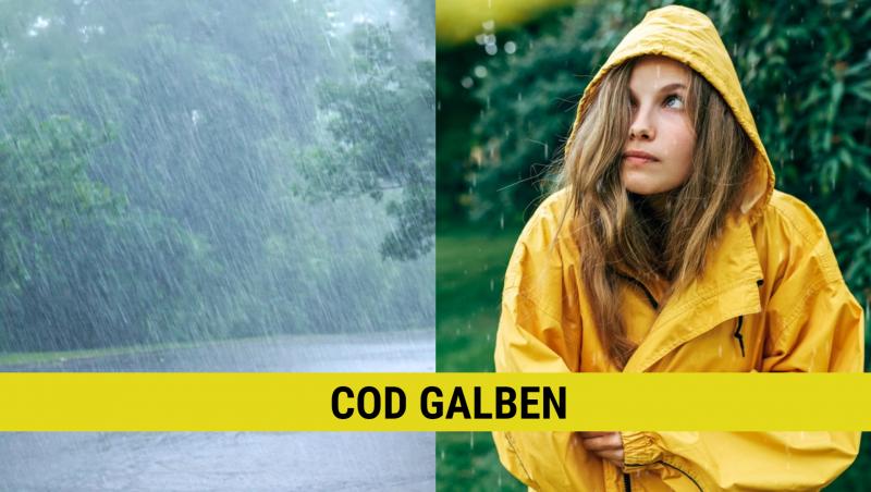 Colaj cu peisaj cu ploaie și o tânără cu pelerină de ploaie