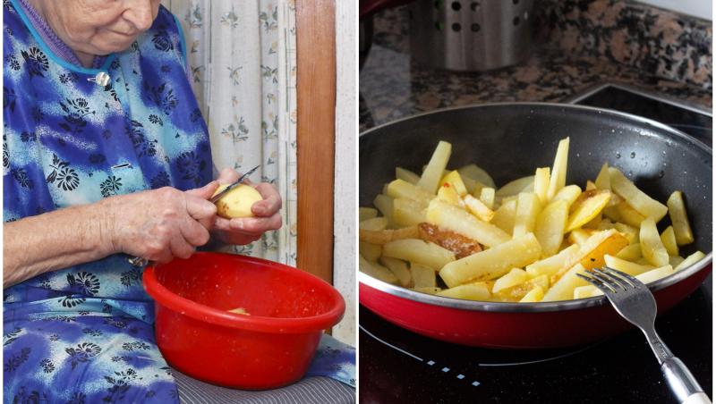 colaj foto cu o femeie curatand cartofi si o tigaie in care se fac cartofi prajiti