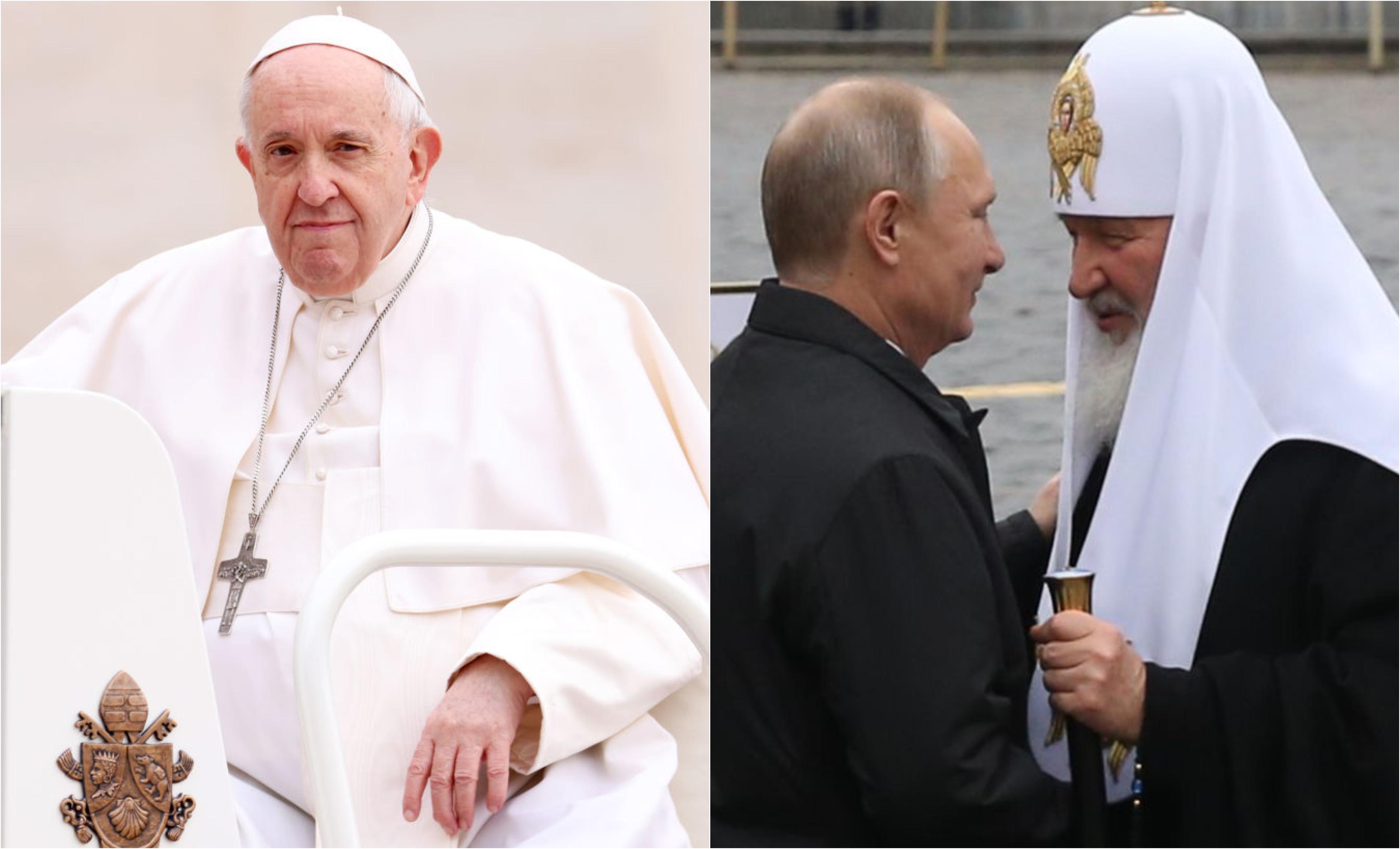 colaj de fotografii cu papa francisc, patriarhul chiril si vladimir putin imbracati inlab si negru