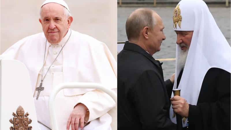 colaj de fotografii cu papa francisc, patriarhul chiril si vladimir putin imbracati inlab si negru