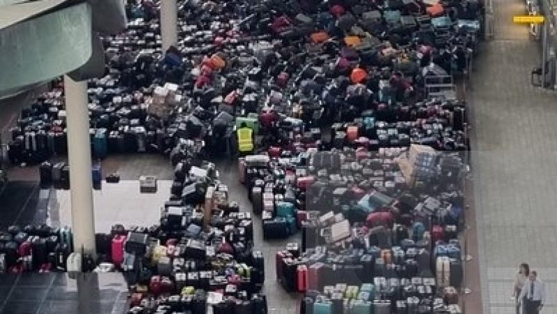 Imagini incredibile pe aeroportul Heathrow din Londra. Motivul pentru care s-a format un covor uriaș de bagaje abandonate VIDEO