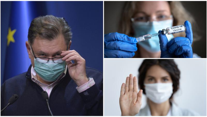 Colaj cu Alexandru Rafila cu mască, o femeie cu mască și o femeie cu vaccinul în mână