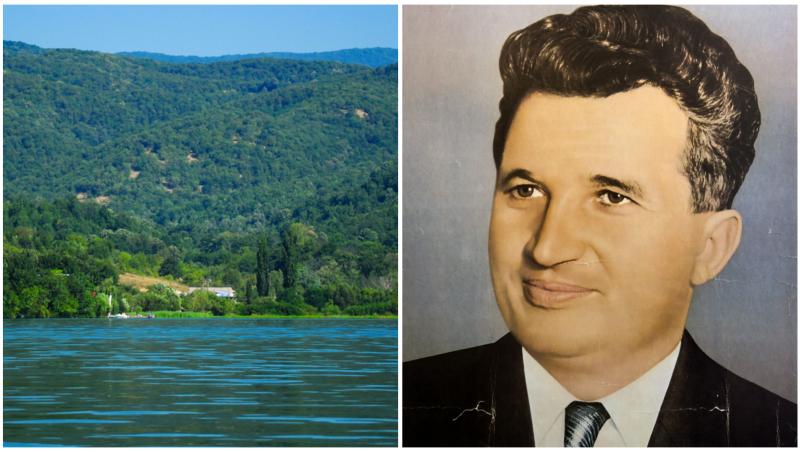 Colaj cu Nicolae Ceaușescu și un lac din România