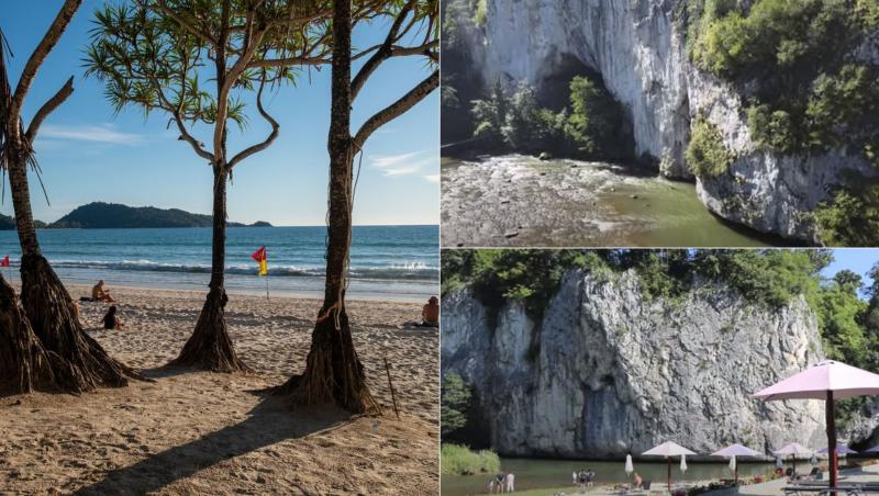 colaj de imagini cu o plaja din thailanda si una din bihor