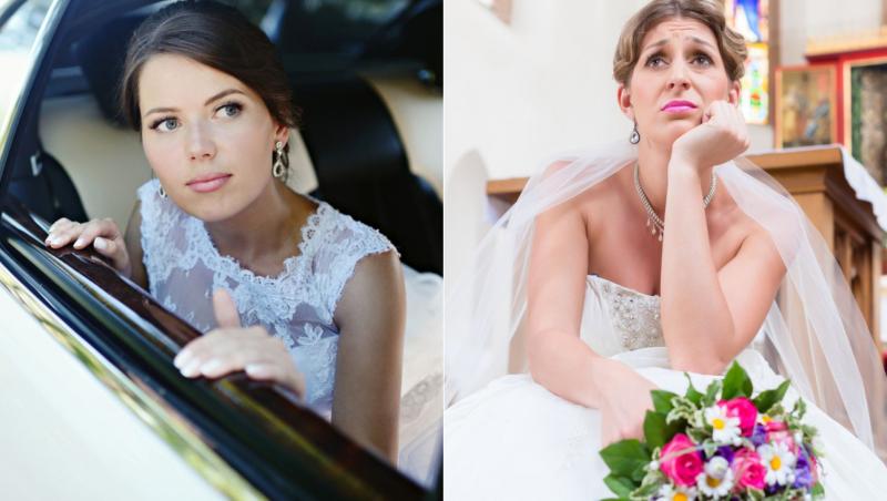 colaj de imagini cu doua mirese care se vad in aceeasi zi a nuntii