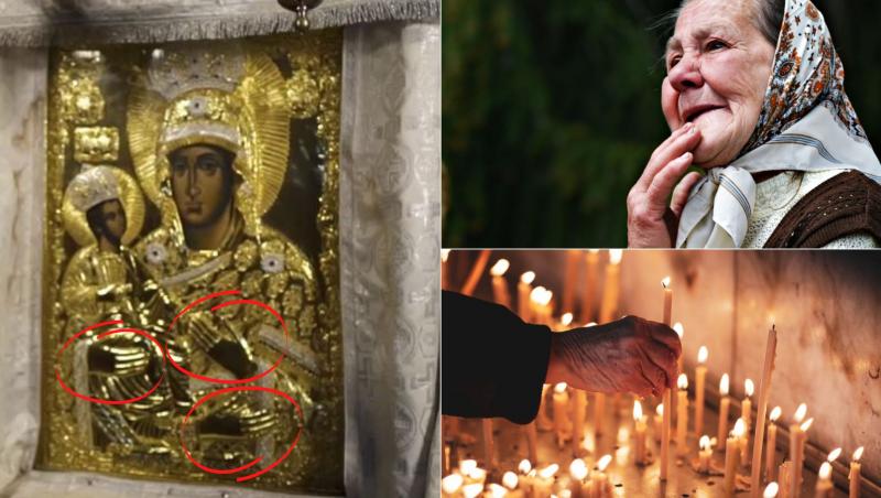 colaj de imagini cu icoana maicii domnului cu trei maini de la manastirea neamt