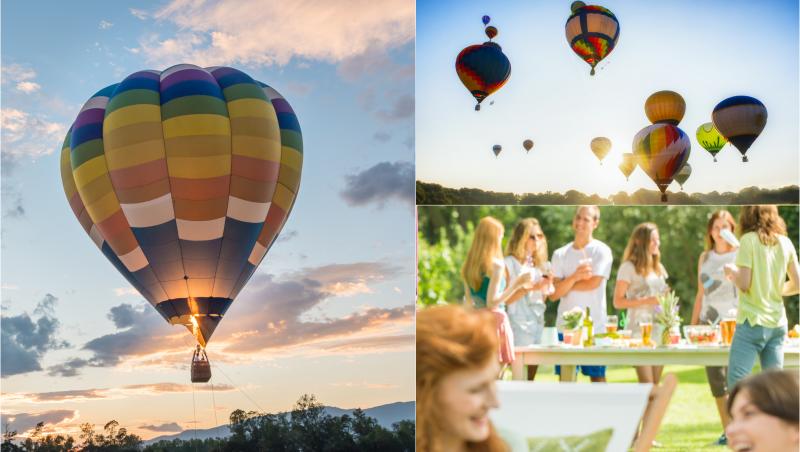 colaj de fotografii cu baloane cu aer cald la festival bucuresti insula lacul morii