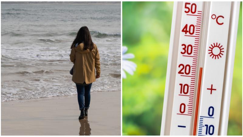 Colaj cu o fată la mare, purtând o geacă  și un termometru care indică 25 de grade