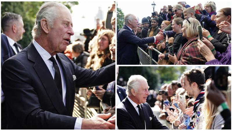 Imagini cu Regele Charles şi prinţul William salutând mulţimea care stă la rând pentru a-i aduce omagii Reginei Elisabeta a II-a