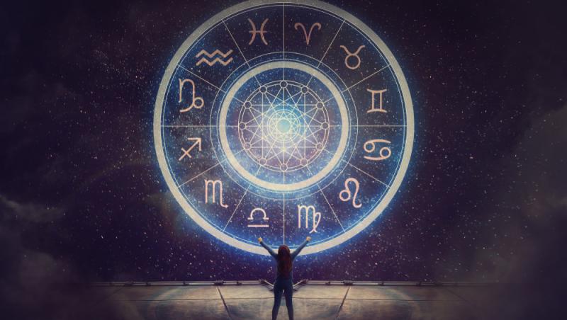 imagine cu cele 12 zodii din horoscop, intr-un cerc si silueta unui om