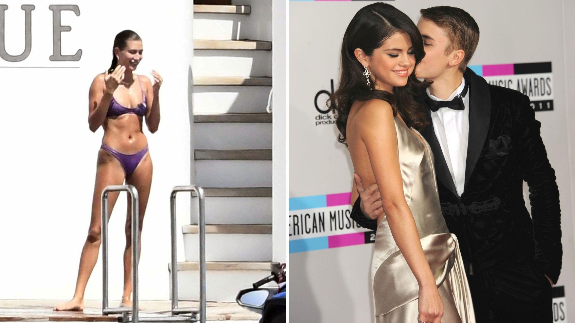 Un colaj compus din două fotografii, în stânga este surprinsă Hailey Bieber într-un costum de baie lila, iar în dreapta, Selena Gomez Și Justin Bieber care ă sărută pe aceasta pe obraz.