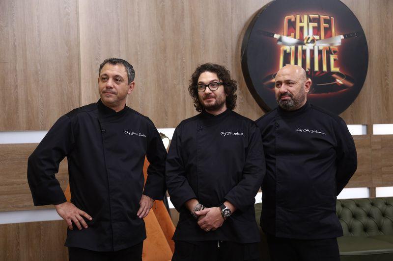 Chef Sorin Bontea, chef Cătălin Scărlătescu și chef Florin Dumitrescu în platoul Chefi la cuțite