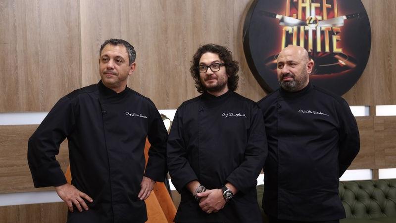 Chef Sorin Bontea, chef Cătălin Scărlătescu și chef Florin Dumitrescu în platoul Chefi la cuțite
