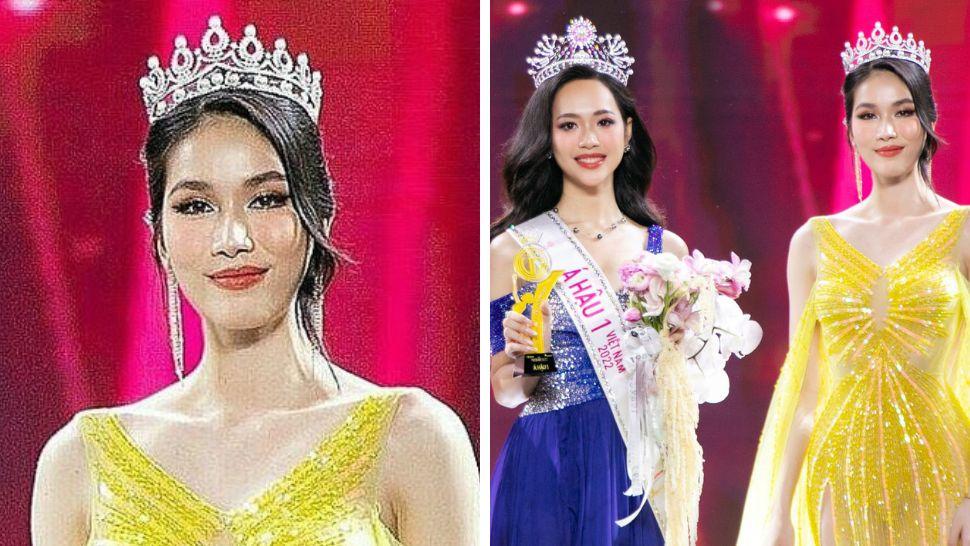 colaj cu Phuong Anh si vicecampioana concursului Miss Vietnam 2022 pe podiumul competitiei in rochii galbene si albastre
