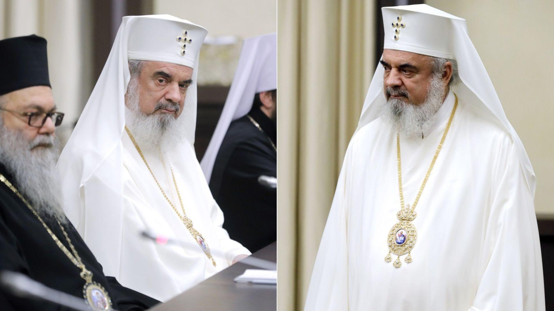 colaj de imagini cu patriarhul daniel imbracat in alb
