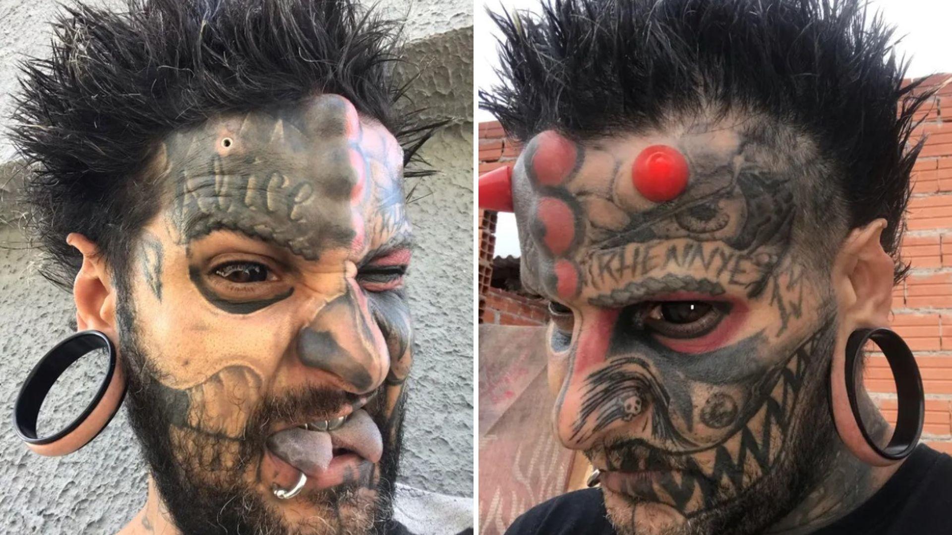 bărbat care a vrut să semene cu diavolul, cu coarne roșii și lentile de contact, fața plină de tatuaje