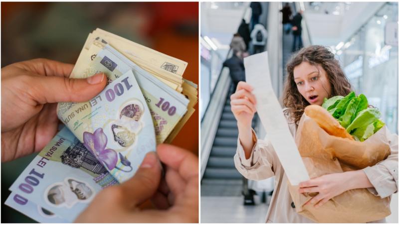 Colaj cu bani și femie uimită la cumpărături