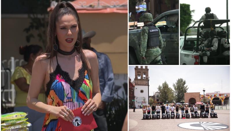 irina fodor in rochie colorata, imagini cu politisti in mexic si concurentii de la america express asezati in linie dreapta