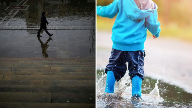 copil cu cizme de cauciuc albastre care se joacă în apa de la ploaie
