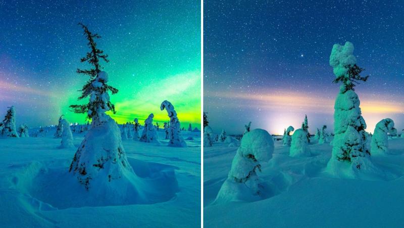 cerul din finlanda, „pictat” în culorile curcubeului, într-un decor plin de zăpadă