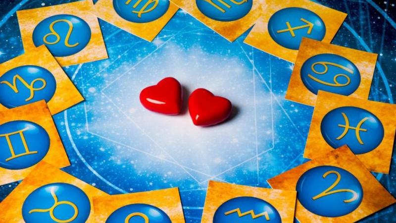 fundal albastru  cu galben si alb cu cele 12 zodii ale horoscopului de azi, sâmbătă, 28 ianuarie 2023 si doua inimi rosii
