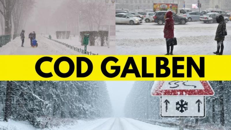 fotogrfie cu o stradă pe care s-a asternut ninsoarea si oameni care trec prin zapada si cod galben