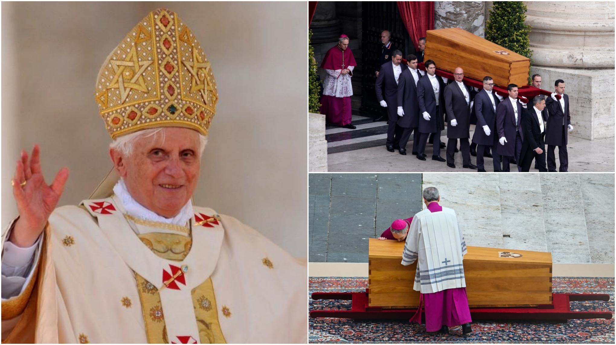 colaj foto Papa Benedict al XVI-lea care saluta lumea și Papa Benedict in sicriu condus pe ultimul drum