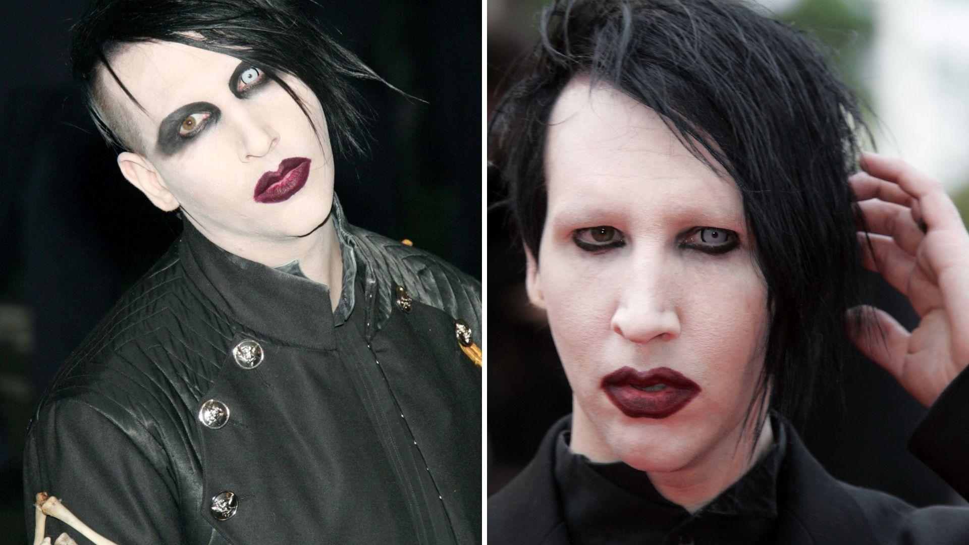 Marylin Manson cu ruj vișiniu pe buze, păr negru, creion negru la ochi și o lentila de culoare albastră