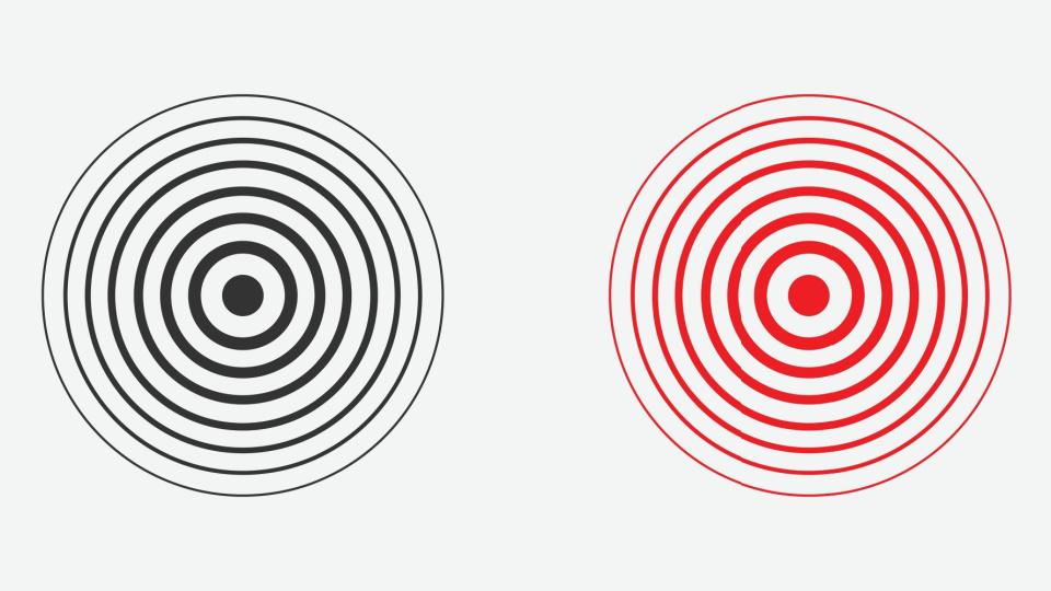Două simboluri reprezentative seismelor. Ambele sunt alcătuite din cercuri unul în interiorul celuilalt. Unul de culoare roșie, unul de culoare neagră