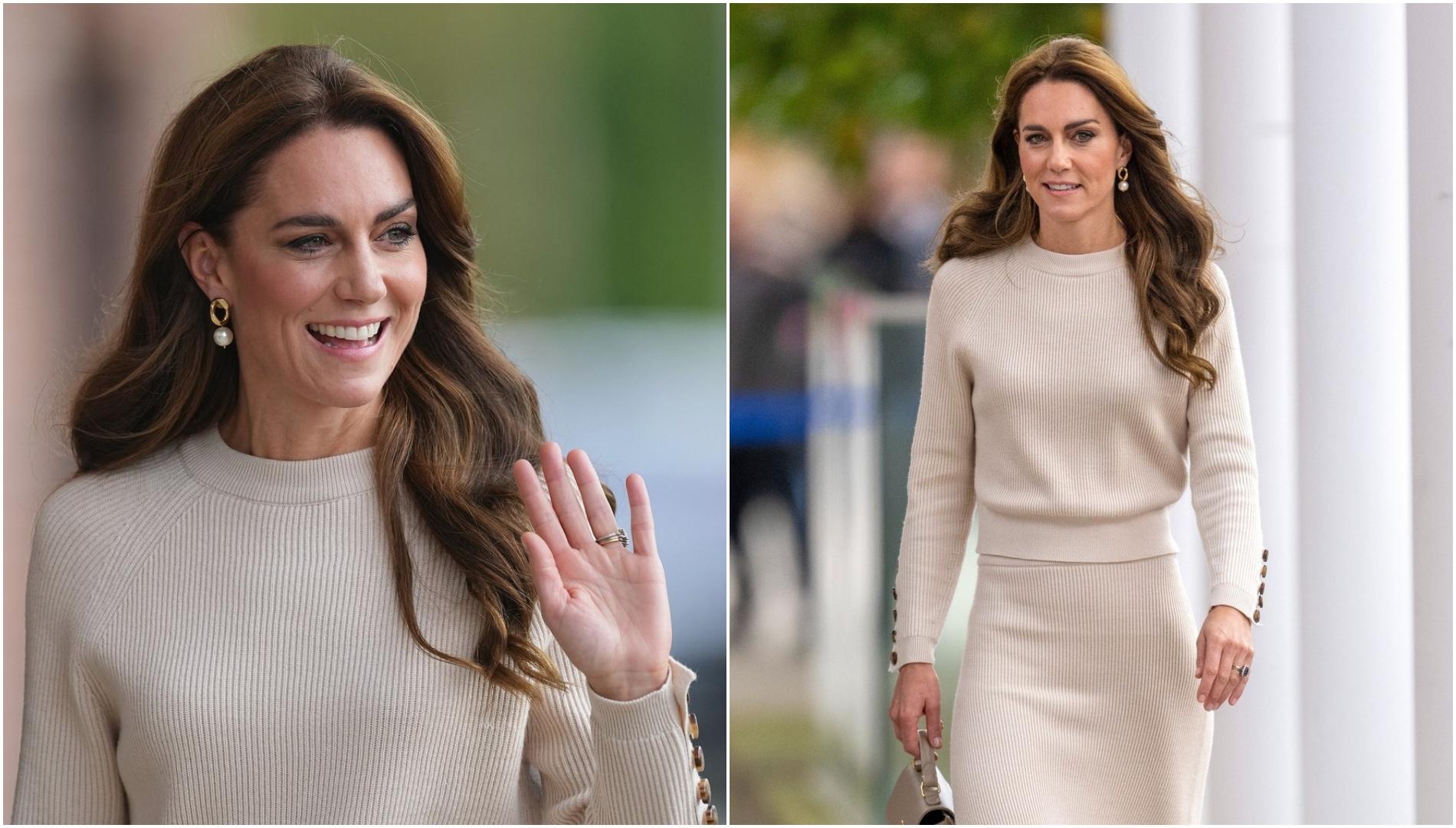 colaj foto kate middleton intr-un costum bej tricotat in romania