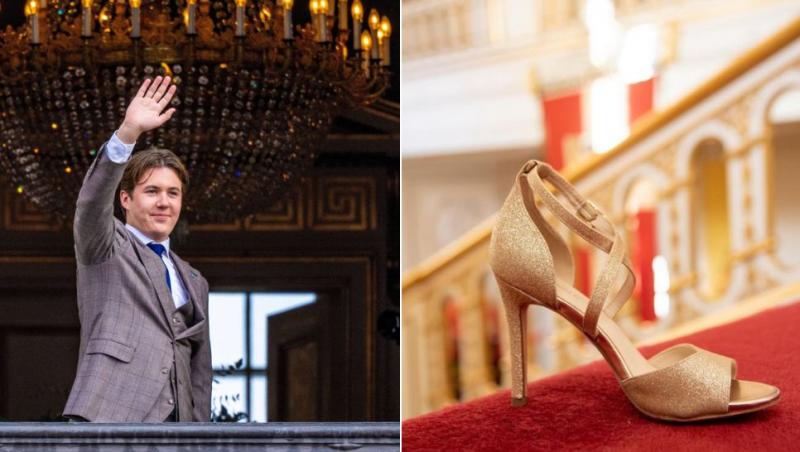 colaj Prințul Christian al Danemarcei salutând lumea de la balcon și o sanda stiletto aurie pe treptele palatului regal