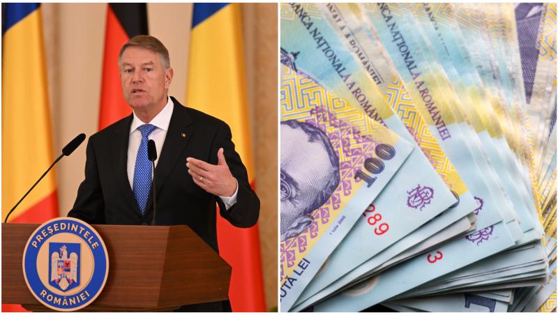 Colaj cu Klaus Iohannis la pupitrul președintelul și bancnote de 100 de lei