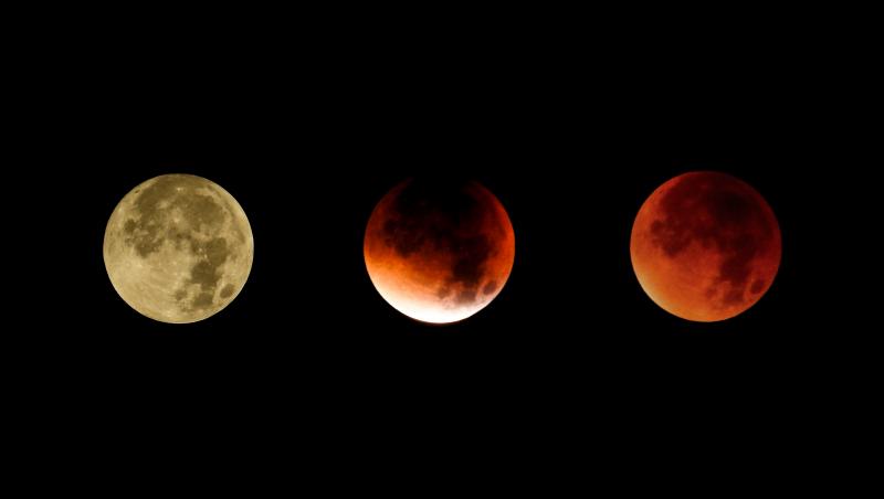 Imagine cu trei faze diferite ale lunii în momentul unei eclipse