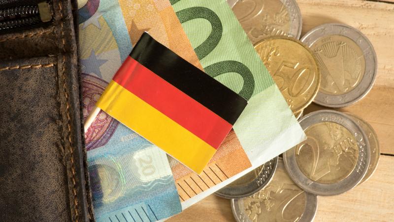 Imagine cu un portofel din care ies bancnote și monede germane, dar și un mic steag german.