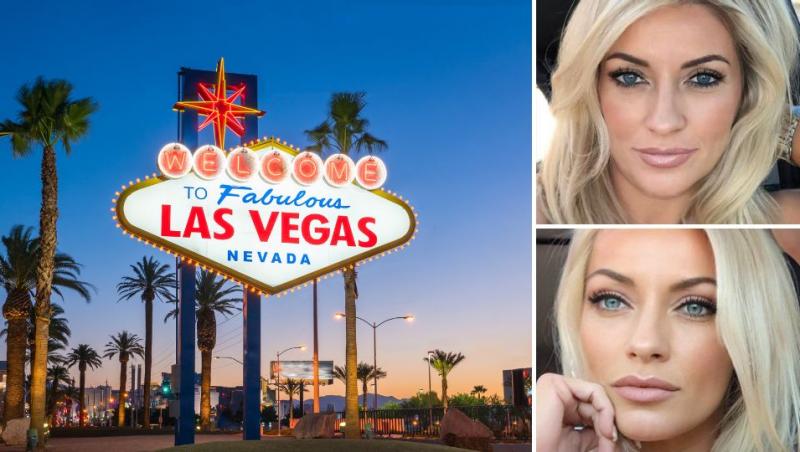Colaj cu orașul Las Vegas și două imagini de tip selfie cu Irina Hansen.