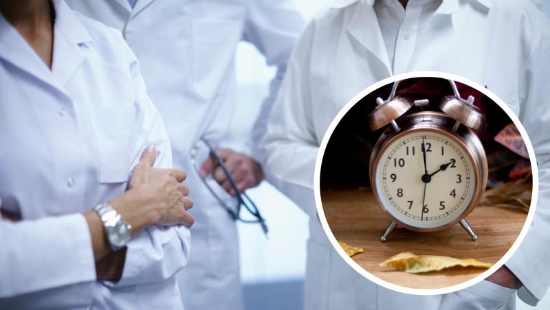 imagine cu medici in halat alb si un ceas care arata chimbarea orei