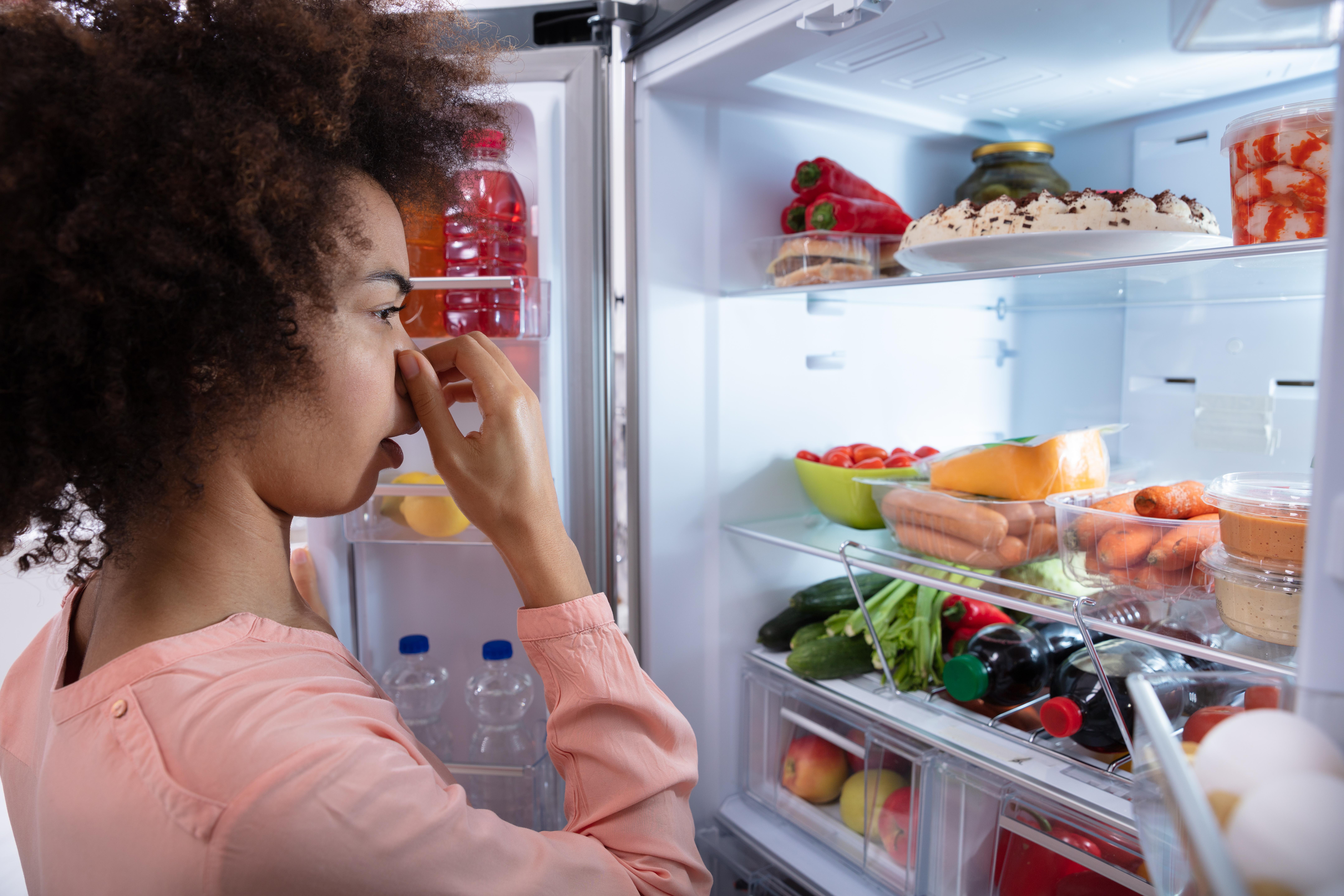 Imagine cu o femeie care se ține de nas din cauza mirosului neplăcut din frigider.â