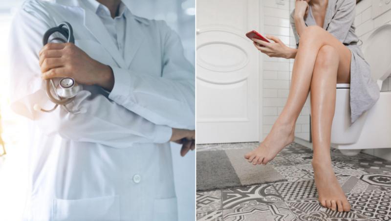 colaj de imagini cu un medic cu dispozitive medicale in mana si o femeie pe toaleta cu telefonul in mana