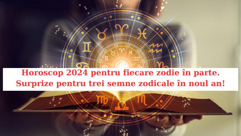 o femeie care tine o carte din care ies cele 12 zodii si un text cu horoscop 2024 pentru fiecare zodie in parte
