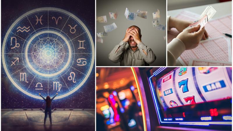imagine cu discul celor 12 zodii, poza cu un barbat cu bani, imagine cu bilete de loto si cu un aparat de joc din cazinou