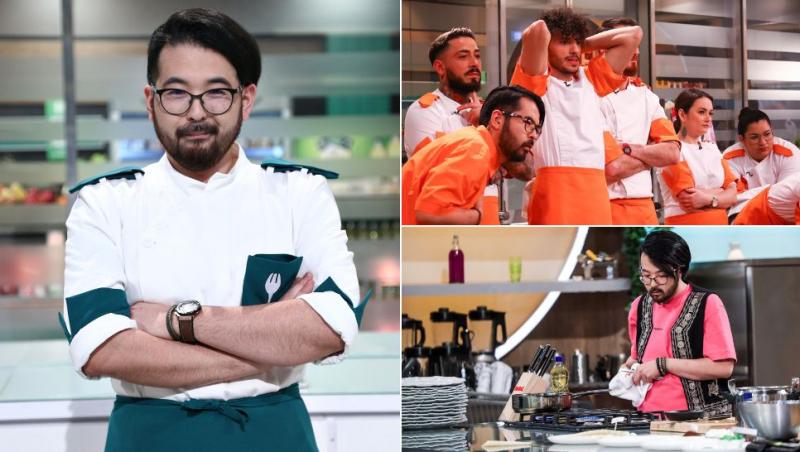 colaj Rikito Watanabe cu tunică albă și verde la Chefi la cuțite, Rikito Watanabe cu ceilalți colegi de echipă la Chefi la cuțite și Rikito Watanabe pregătind ustensilele la emisiunea Chefi la cuțite
