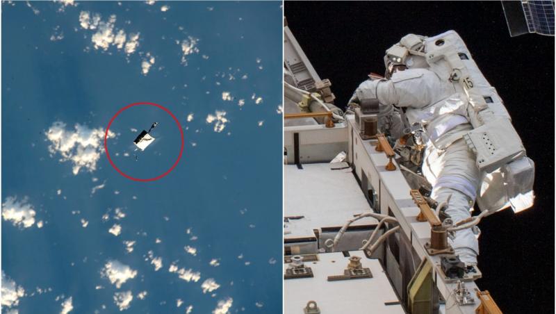 colaj foto geanta pierduta in spatiu si astronaut pe nava spatiala