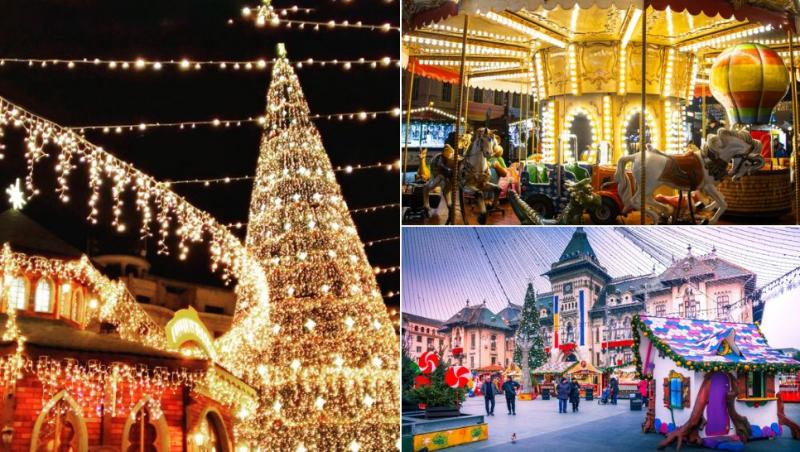 colaj târg de Crăciun de la Brașov, Sibiu, Craiova, cu lumini, brazi, carusel și căsuțe frumos decorate