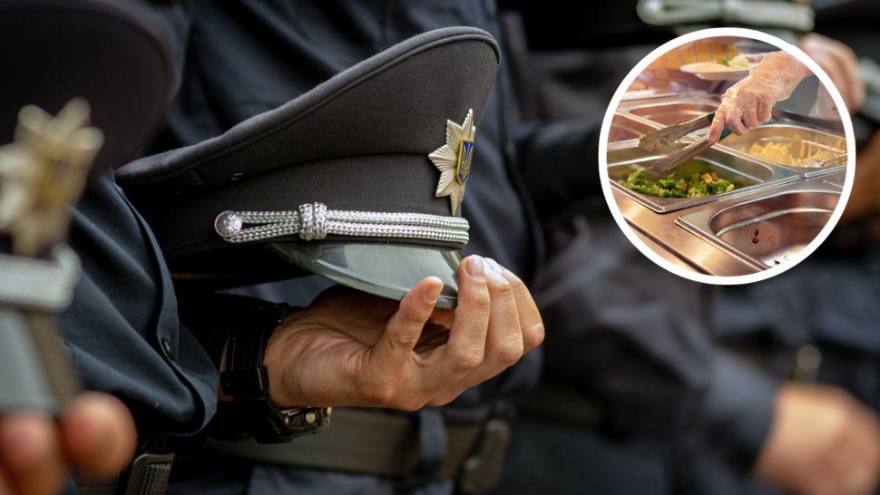 colaj studenți la academia de poliție cu șapca în mână și galantare de mâncare într-o canină