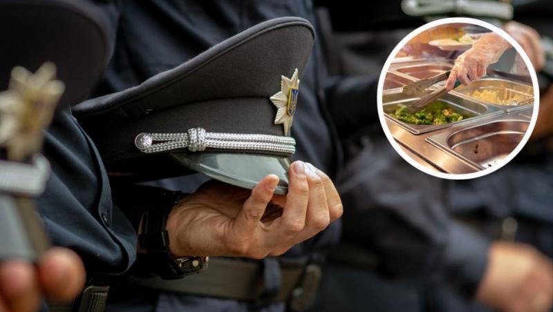 colaj studenți la academia de poliție cu șapca în mână și galantare de mâncare într-o canină