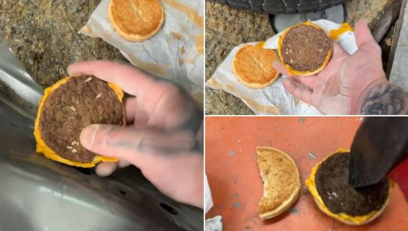 Colaj cu 3 imagini cu un cheeseburger vechi de trei ani găsit aproape intact.