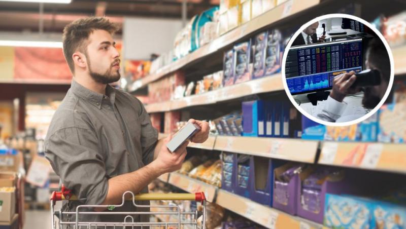 colaj bărbat la cumpărături într-un supermarket la raionul de dulciuri și un bărbat vorbind la telefon în fața monitoarelor care indică o creștere sau scădere a bursei